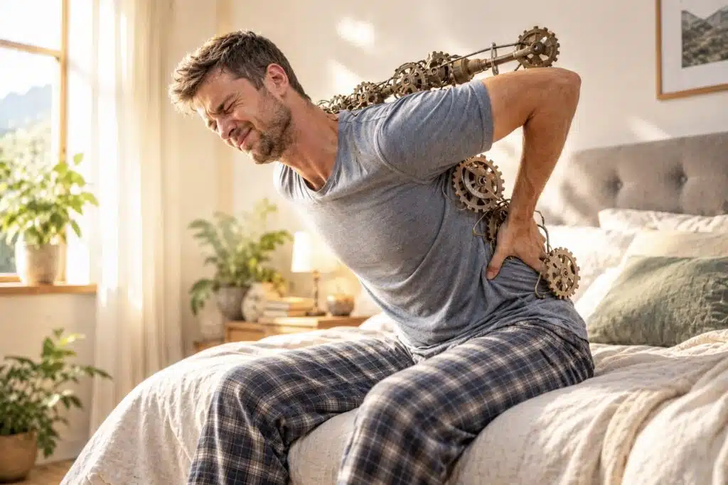QUAND LE CORPS SE DÉLIE - Maison Akasha Yoga Stage yin yoga : homme soulageant une douleur au dos au réveil